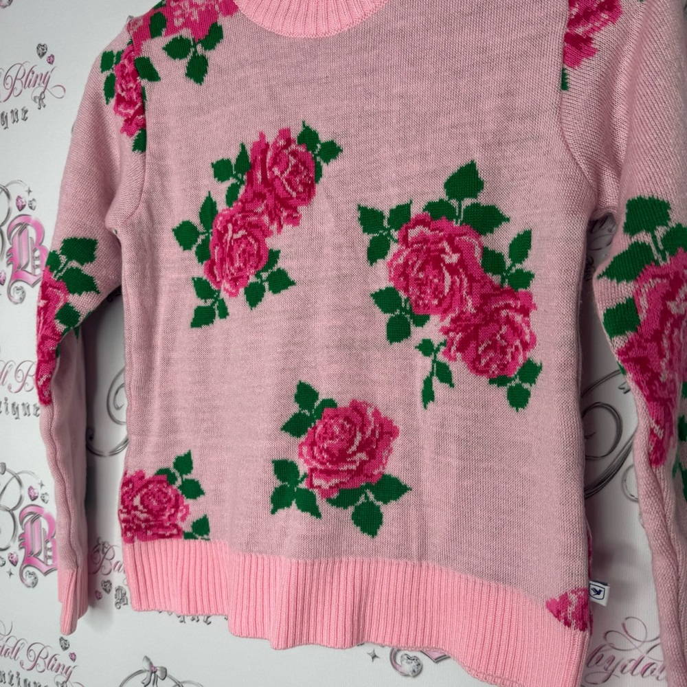 612 league sweater roses knit wool pink green luxe crew neck pull over flowers - Picture 4 of 11